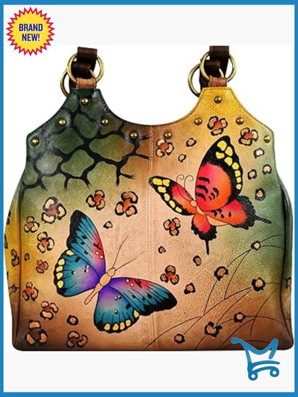 Genuine Leather Triple Compartment Medium Satchel with Hand Painted Design